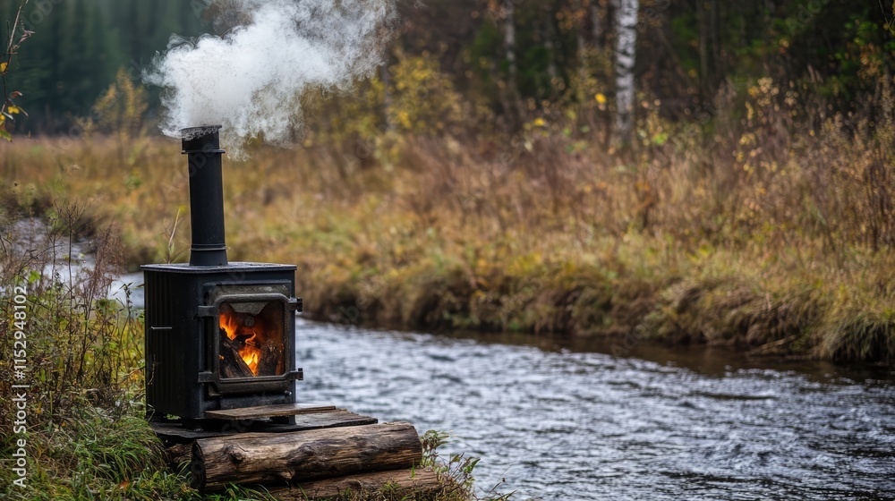 Tranquil Nature Landscape with Wood Stove Emitting Smoke by Freshwater Creek in Autumn Scenery Tranquil Nature Landscape with Wood Stove Emitting Smoke by Freshwater Creek in Autumn Scenery