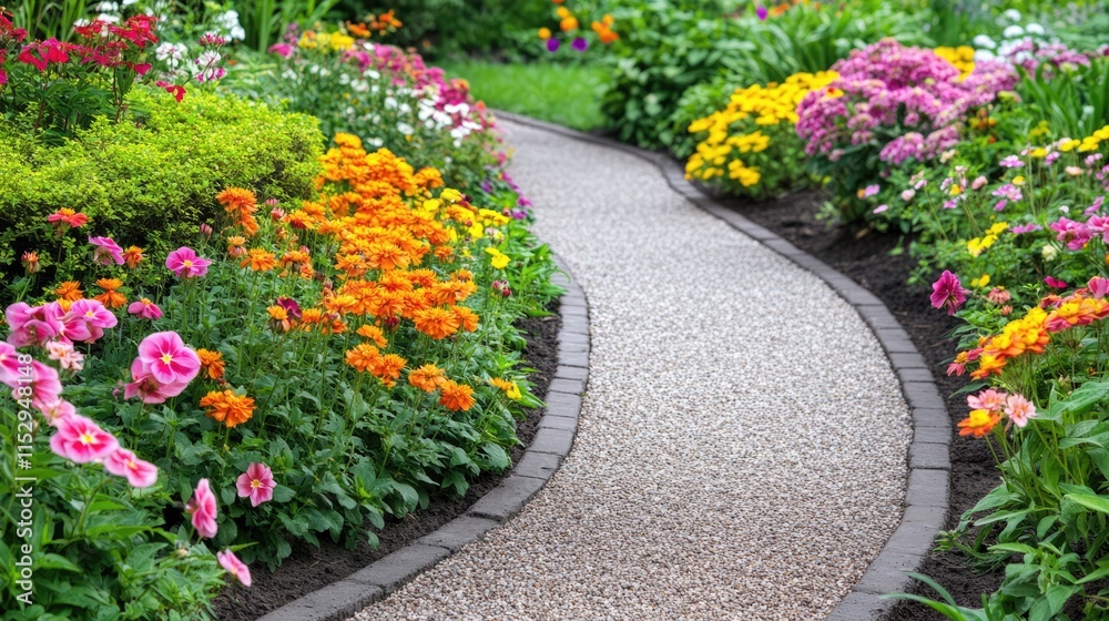 Flower-lined pathway in a serene relaxation garden showcasing vibrant blooms and lush greenery ideal for tranquility and outdoor enjoyment Flower-lined pathway in a serene relaxation garden showcasing vibrant blooms and lush greenery ideal for tranquility and outdoor enjoyment