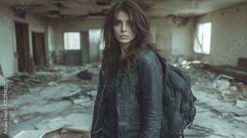 Young woman with backpack in abandoned building. photo