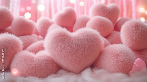 Pink heart-shaped fur, furry material, many pink fluffy hearts in the background, pink lights and fairy floss decoration.