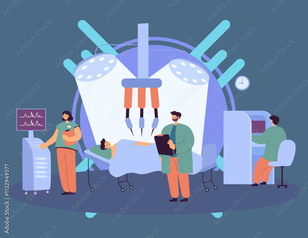 Surgery on cartoon patient using robotic equipment in hospital. Robot conducting surgical operation on man flat vector illustration. Health, technology concept for website design or landing web page Surgery on cartoon patient using robotic equipment in hospital. Robot conducting surgical operation on man flat vector illustration. Health, technology concept for website design or landing web page