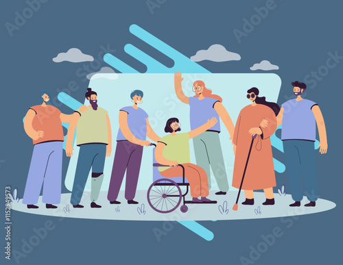 Smiling volunteers helping people with disability flat vector illustration. Cartoon character giving support for men and women. Volunteering, assistance and disability concept