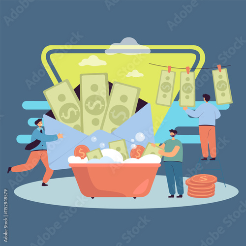 Tiny business persons doing money laundering for benefit. Criminal activity in government, bribe in envelope, fraud flat vector illustration. Corruption, finances concept for banner, landing web page