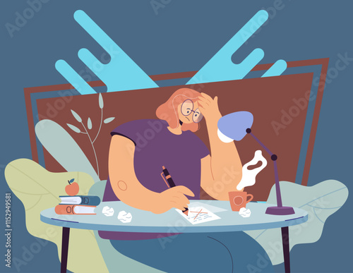 Thoughtful female writer going through creative crisis and doubts while writing new article or novel. Flat vector illustration for young author, journalist job, creativity problems concept