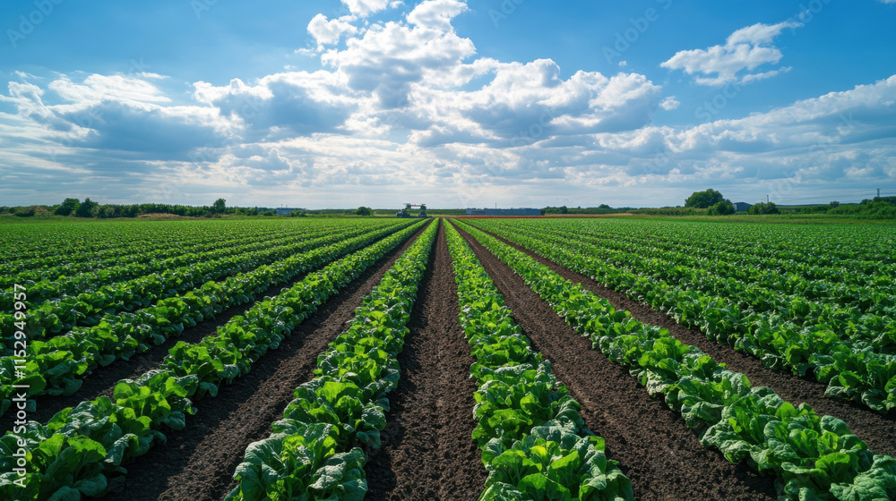 Lush green vegetable fields stretch across landscape under bright blue sky, showcasing rows of healthy crops and vibrant clouds Lush green vegetable fields stretch across landscape under bright blue sky, showcasing rows of healthy crops and vibrant clouds