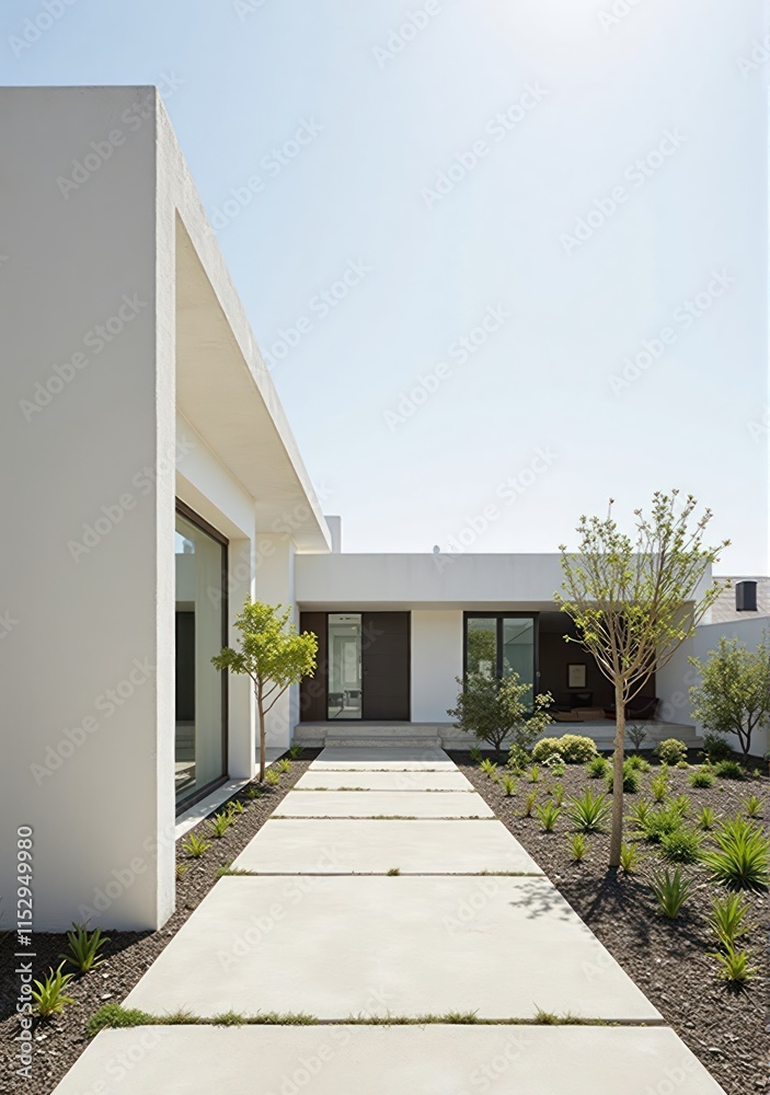 A bright front view of a minimalist home with an open garage, featuring a polished concrete exterior and a small cactus garden A bright front view of a minimalist home with an open garage, featuring a polished concrete exterior and a small cactus garden