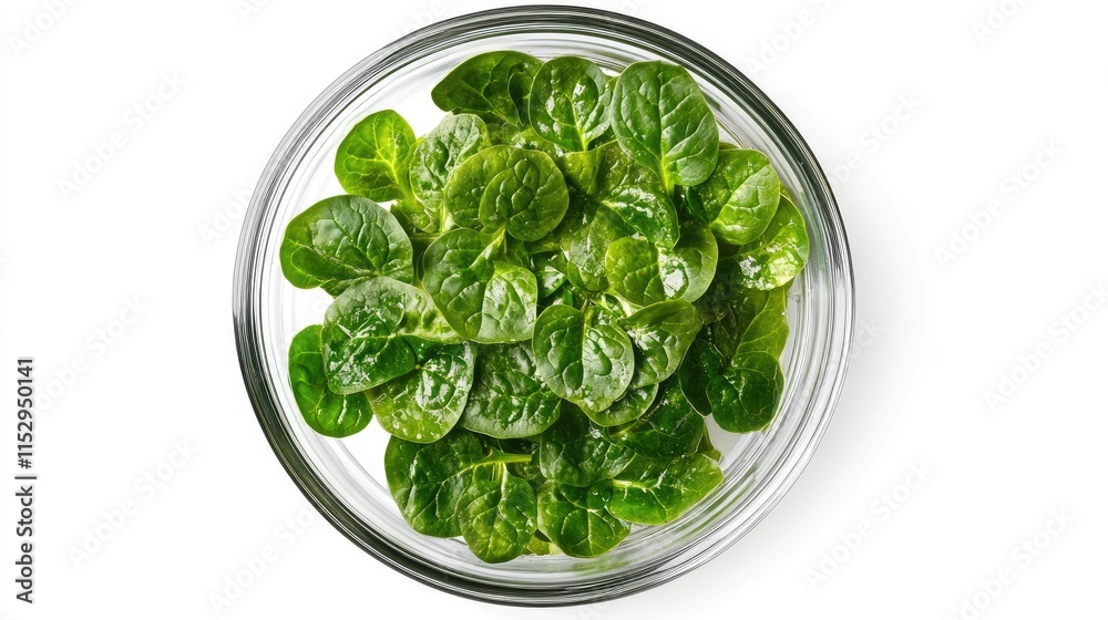 Fresh spinach leaves arranged neatly in a glass bowl on white background showcasing vibrant color and texture from a top view perspective