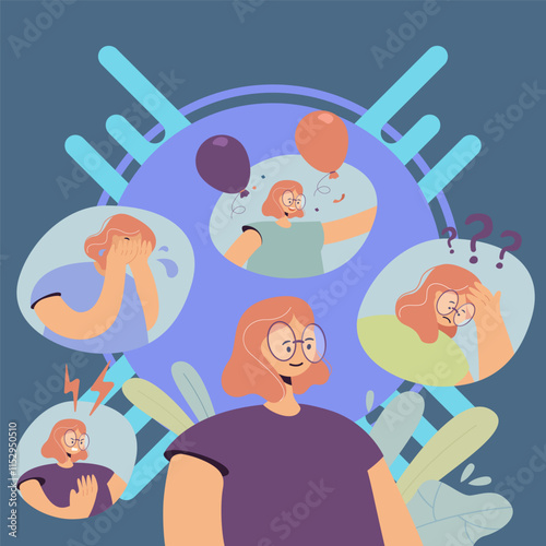 Woman going through nervous breakdown or bipolar behavior disorder. Person feeling anger, frustration, joy, confusion. Vector illustration for mood changes, mental problems, emotional crisis concept