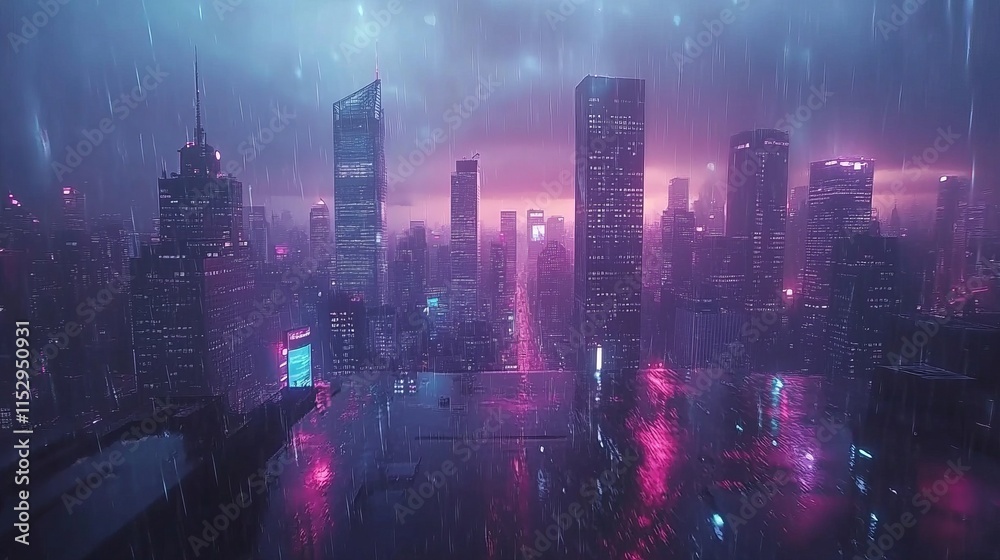Obraz premium Neon Cityscape Rain Futuristic Urban Nightscape