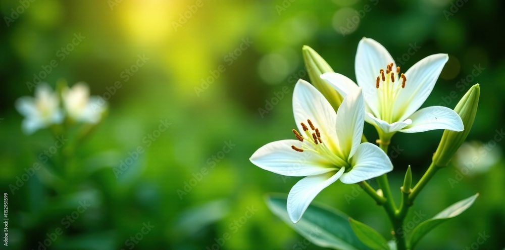 Fototapeta premium Delicate white lily blooms amidst lush green foliage, garden, flowers