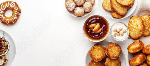 Jewish holiday table with classic dishes including sweet doughnuts and potato latkes arranged on a white background with copy space photo