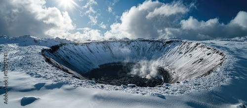 Snow-covered volcanic crater with dark ash base under a vibrant blue sky and white clouds perfect for nature and travel themes. photo