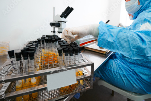 Technician works on analysis creating bacteriophage in lab photo