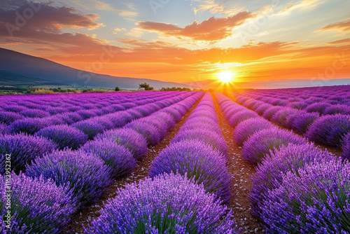 Lavender fields in full bloom stretching towards the horizon under a golden sunset photo