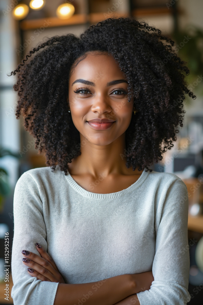 A woman with curly hair standing with her arms crossed A woman with curly hair standing with her arms crossed