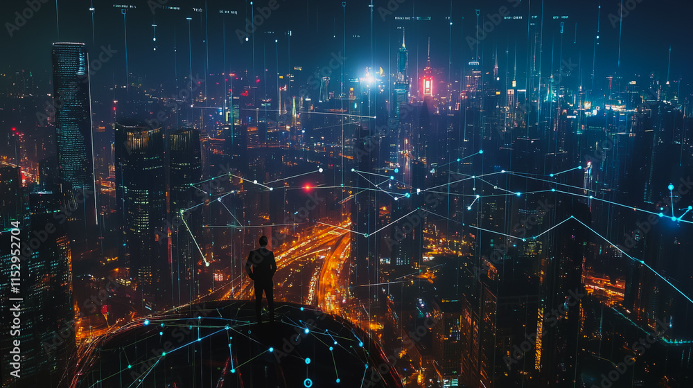 Fototapeta premium Abstract businesswoman stands on the peak of success Smart digital city with connection cyber security network reciprocity over the cityscape future wireless digital city and social media networking