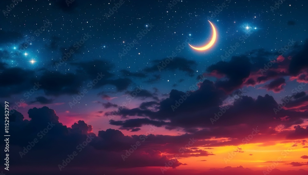 A cloudy night sky features the moon and stars, beautifully illuminated during a tranquil Ramadan sunset A cloudy night sky features the moon and stars, beautifully illuminated during a tranquil Ramadan sunset