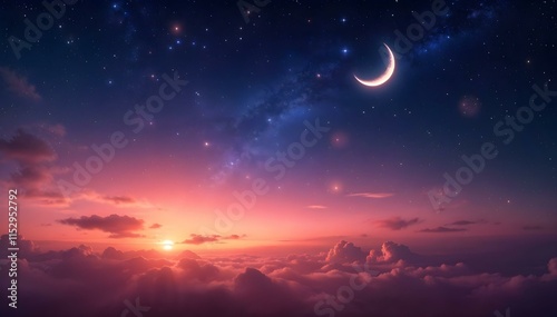 The moon and stars emerge in a cloudy night sky, reflecting the peaceful ambiance of a Ramadan sunset
