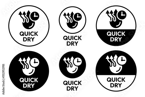 Quick dry icon set. Quick and fast clock dry wet clothes symbol. Quick dry label, logo, badge, sticker, emblem, circle, black vector, isolated illustration. Quick dry label product packaging design.