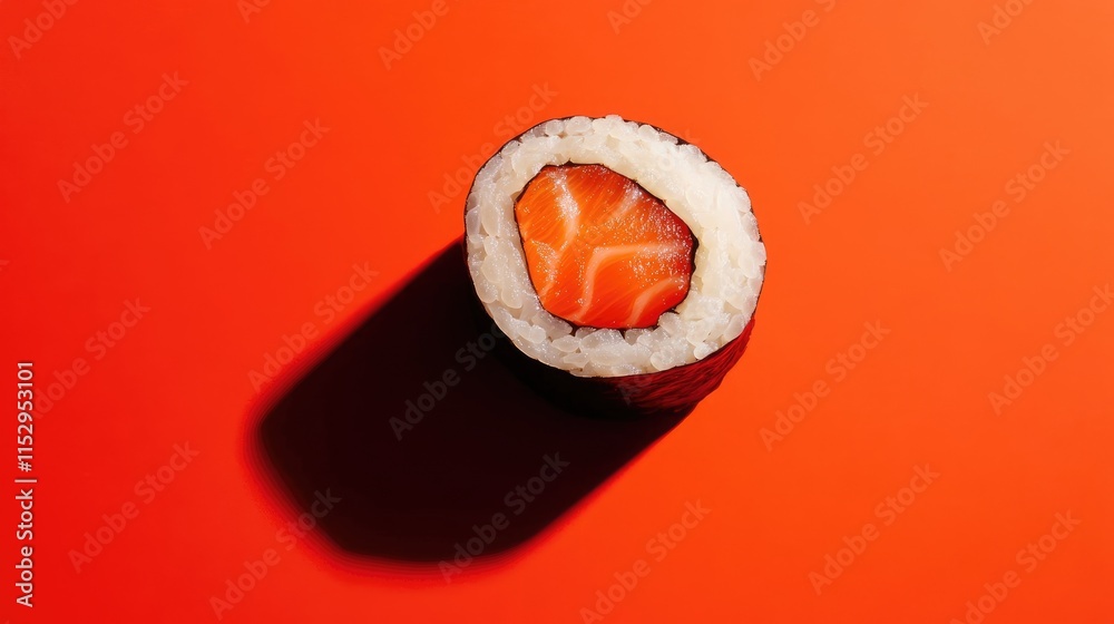 Sushi roll with salmon filling on a vibrant orange background showcasing texture and colors in food photography