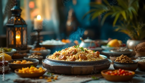 A vibrant spread of Indian rice and vegetables, beautifully arranged on a table for a festive Ramadan meal