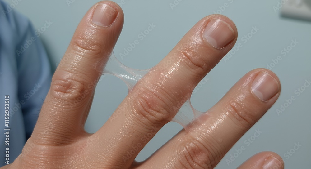 A close-up of a hand with a stretchy, transparent substance between the fingers. A close-up of a hand with a stretchy, transparent substance between the fingers.