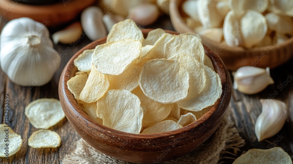 Dried garlic chips in a wooden bowl with fresh garlic cloves on a rustic wooden background Dried garlic chips in a wooden bowl with fresh garlic cloves on a rustic wooden background
