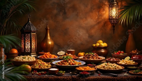 Various Arabic cuisine dishes presented on a dark table, capturing the essence of Ramadan celebrations photo