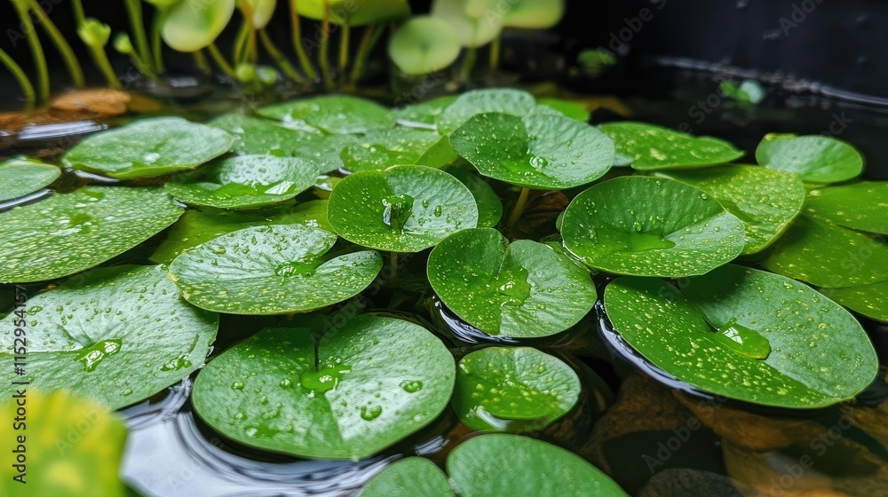 Lush green lily pads floating on a tranquil pond surface with water droplets glistening under natural light Lush green lily pads floating on a tranquil pond surface with water droplets glistening under natural light
