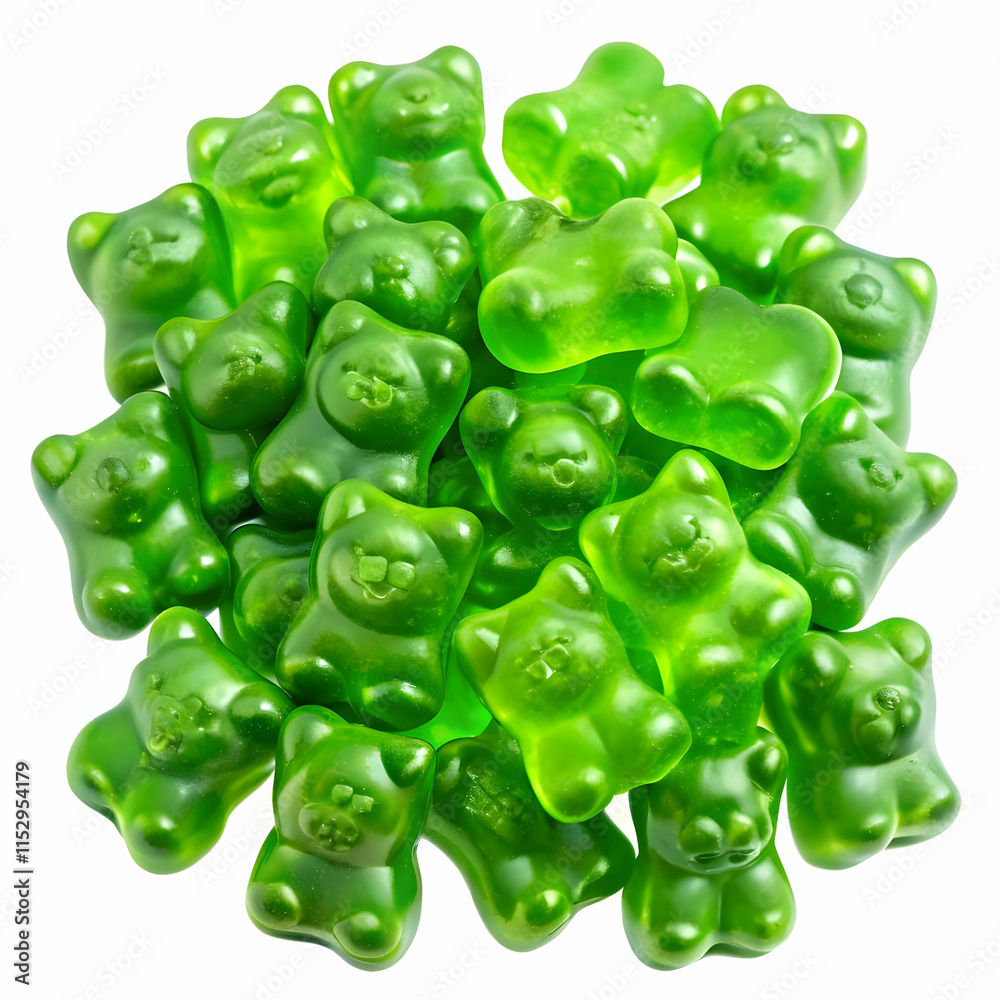 Green gummy bears isolated on a transparent background, showcasing their translucent texture and playful, bear-shaped form. Green gummy bears isolated on a transparent background, showcasing their translucent texture and playful, bear-shaped form.
