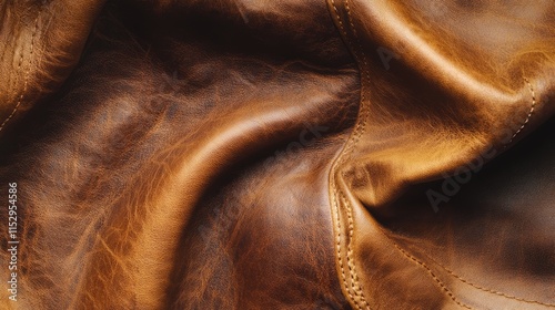 Detailed closeup of rich textured brown leather showcasing natural folds and grain patterns in a luxurious background setting photo