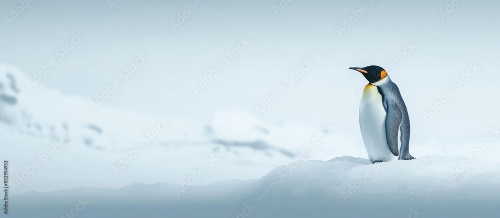 Obraz premium King penguin perched on a snowy mound with ample space for text in a serene winter landscape.