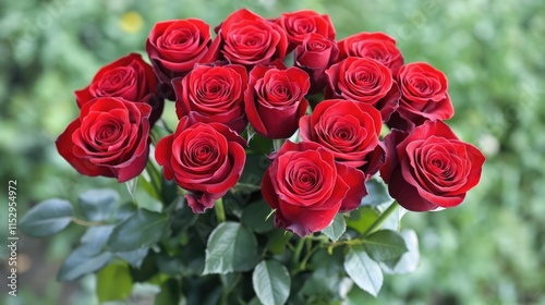 Vibrant bouquet of fresh red roses with lush green leaves in a natural outdoor setting perfect for romantic or floral themes