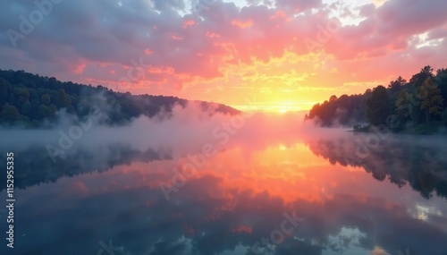 Fog rolling off the surface of a calm lake at sunrise, sunrise, fog,