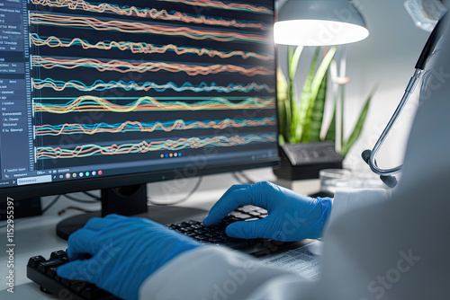 Lab technician analyzing genetic sequences on a computer screen photo