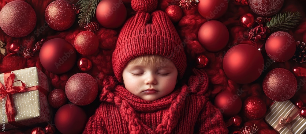 Fototapeta premium Sleeping baby boy in red sweater and hat surrounded by festive decorations and gifts creating a warm holiday atmosphere.