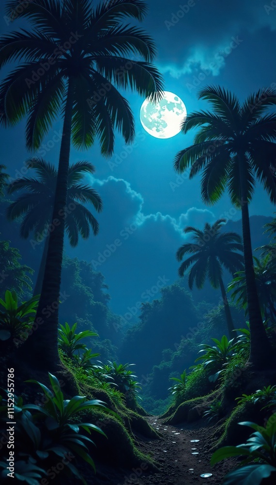 Foliage reflects moonlight in a serene tropical forest night, foliage, dark Foliage reflects moonlight in a serene tropical forest night, foliage, dark