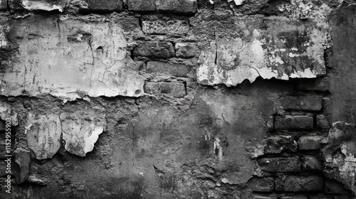 Textured black and white view of an aged brick wall featuring deteriorating plaster and visible wear and tear reflecting historical charm