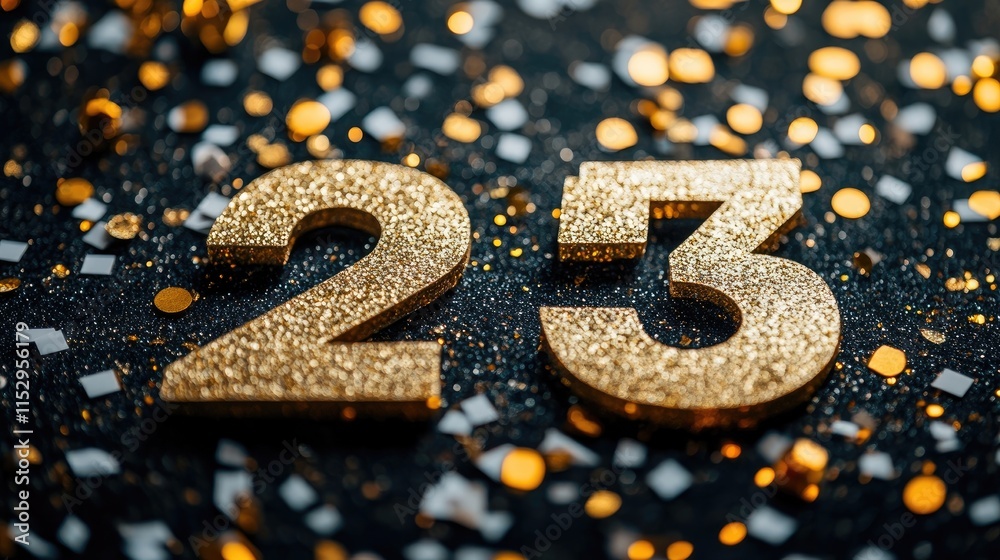 Happy New Year 2023 with white paper numbers, golden decorations, and confetti