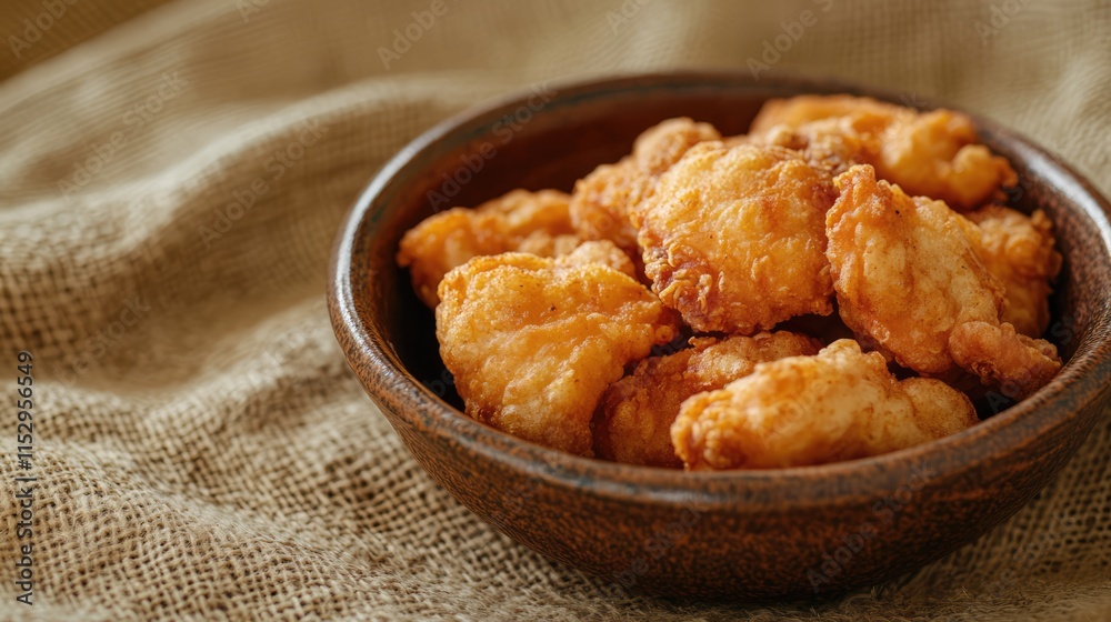 Fried crispy pork pieces in a rustic ceramic dish on a textured natural fabric background ideal for culinary and food photography. Fried crispy pork pieces in a rustic ceramic dish on a textured natural fabric background ideal for culinary and food photography.