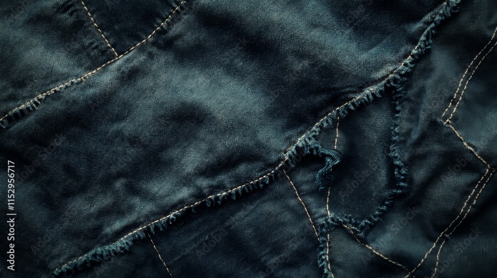 Close-up of dark blue denim fabric with visible stitching and frayed edges. Close-up of dark blue denim fabric with visible stitching and frayed edges.