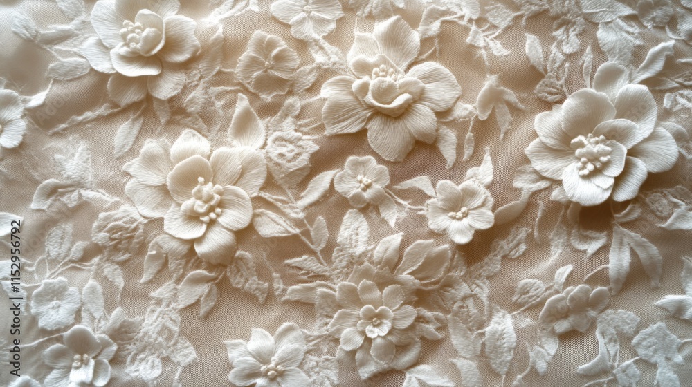 Close-up of delicate beige fabric with embossed white floral pattern. Close-up of delicate beige fabric with embossed white floral pattern.
