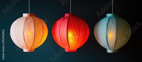 Elegant illuminated rice paper lanterns in vibrant colors for festive decoration and warm ambiance in interior spaces. photo