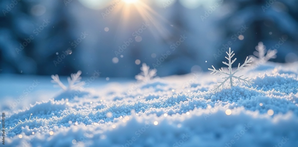 Frosty landscape with intricate snowflakes falling gently, delicate, winter Frosty landscape with intricate snowflakes falling gently, delicate, winter