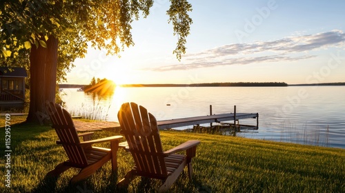 A serene lakeside scene at sunset featuring two Adirondack chairs, lush grass, and a calm water view with a distant dock.