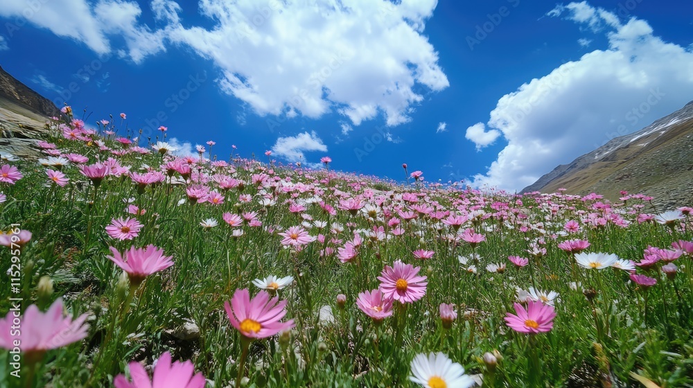 Vibrant wildflower landscape under expansive blue sky in the hills of Leh showcasing nature's beauty and tranquility Vibrant wildflower landscape under expansive blue sky in the hills of Leh showcasing nature's beauty and tranquility