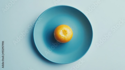 A delicious round cheese on a blue plate against a white background showcasing gourmet dairy presentation and culinary artistry photo