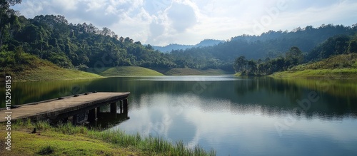 Serene landscape of Jedkod Pongkonsao Eco Centre showcasing a tranquil water reservoir surrounded by lush greenery and mountains photo