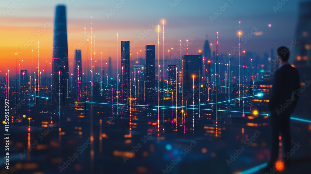 Fototapeta premium Abstract businesswoman stands on the peak of success Smart digital city with connection cyber security network reciprocity over the cityscape future wireless digital city and social media networking