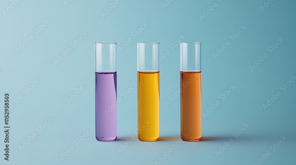 Three test tubes filled with colorful liquid samples on a pastel blue background for laboratory, science, and research themes Three test tubes filled with colorful liquid samples on a pastel blue background for laboratory, science, and research themes